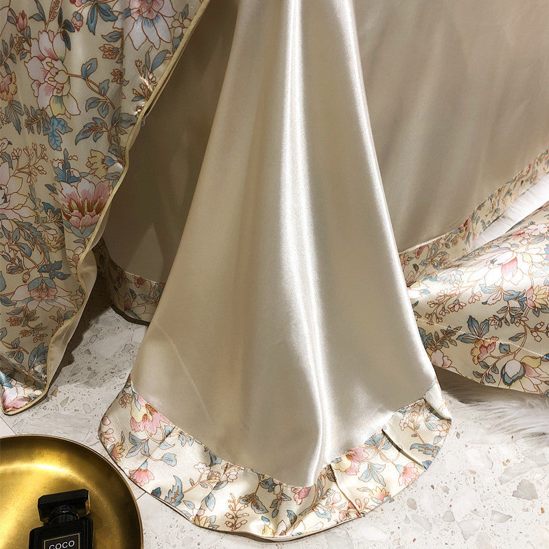 Bare Sleeping Silk Four-Piece Bedding Set – Luxurious Satin Bohemian Bed Sheets with Plant & Flower Patterns