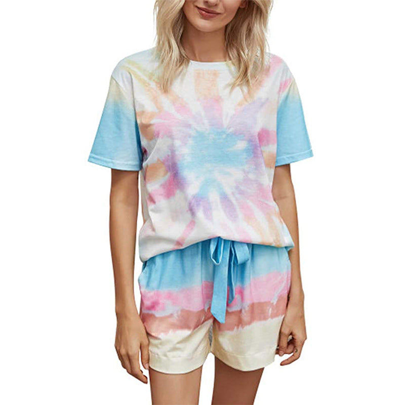 Tie-Dye Printed Short-Sleeve Pajamas – European & American Style
