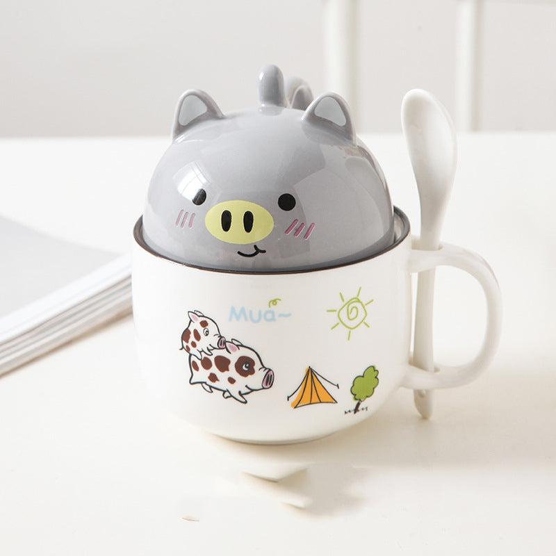 Ceramic Mug with Lid & Spoon – Cute Animal Design
