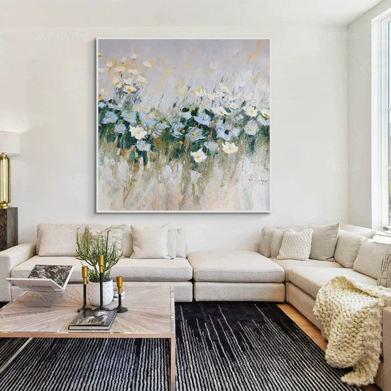 Handmade Oil Painting Canvas – Modern Blue Flowers Wall Art