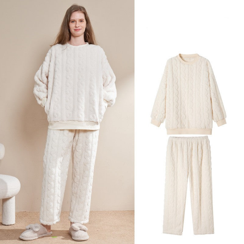 Ultra-Soft Thick Flannel Pajama Set for Winter – White Round Neck Suit