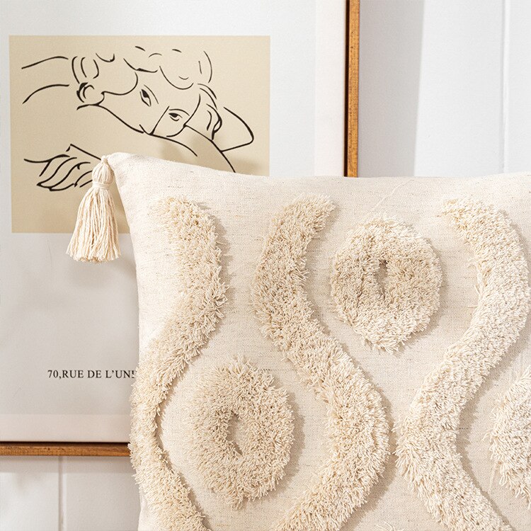 Boho Tassels Cushion Cover – Beige & White Cotton Linen Macrame Pillowcase