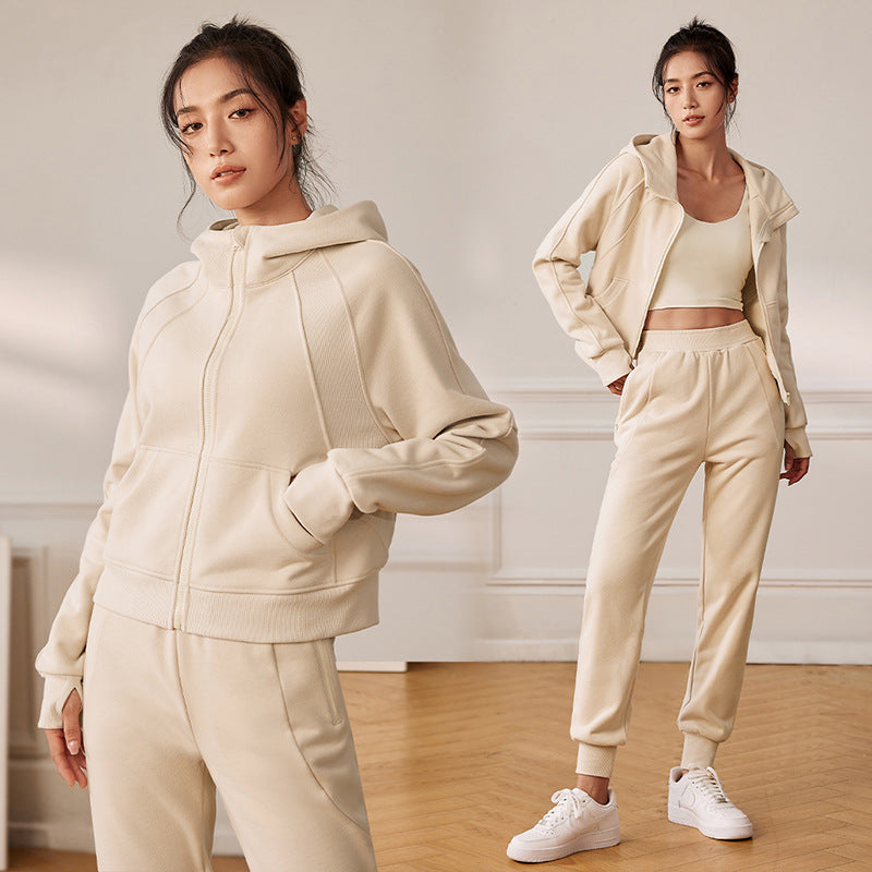 Women’s Cotton Hooded Sportswear Set – Running Tracksuit for Autumn/Winter