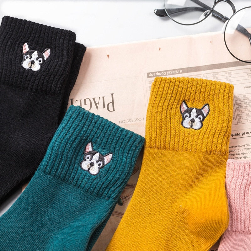 Cute Harajuku Dog Embroidery Cotton Socks for Women – Thick Casual Comfort | Size 35–42