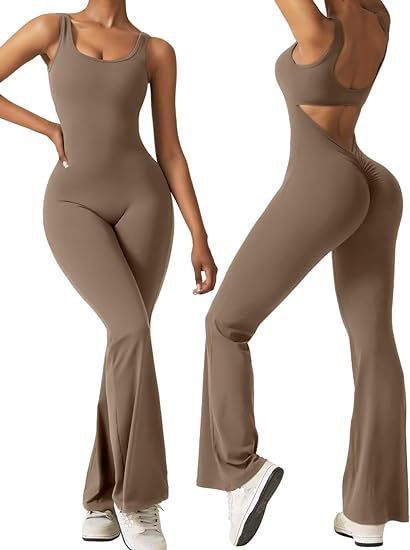Women's Backless Sleeveless Flared Jumpsuit – Sexy High-Waist Yoga One-Piece | Polyester & Spandex