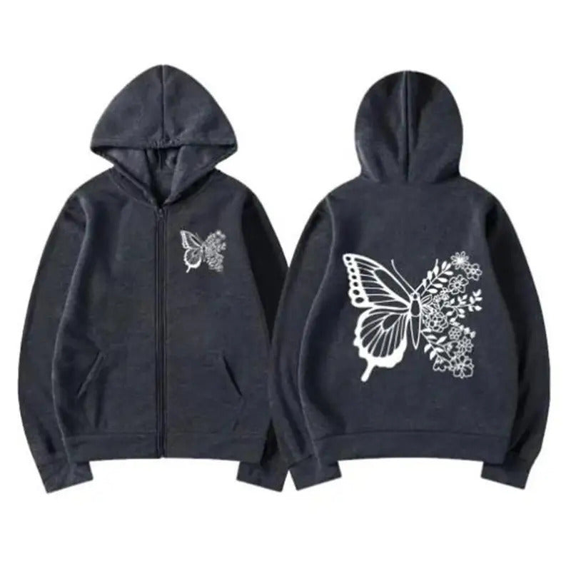 Trendy Butterfly Pattern Hooded Sweatshirt – Unisex Long Sleeve Casual Jacket