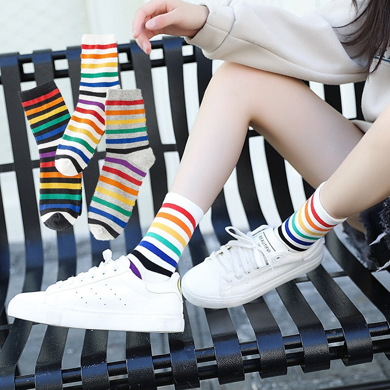 Rainbow Striped Harajuku Cotton Socks – Colorful Casual Fashion Socks for Women
