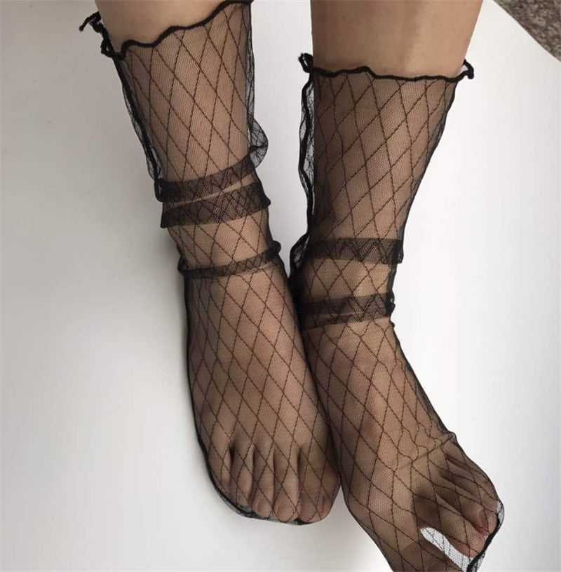 Spring & Summer Retro Lace Floral Mesh Women’s Socks – Breathable, Ultrathin, Elegant Transparent Silk Socks