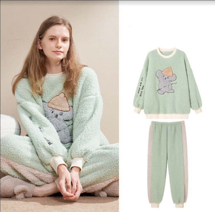 Ultra-Soft Thick Flannel Pajama Set for Winter – Green Koala Round Neck Suit