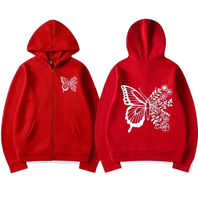 Trendy Butterfly Pattern Hooded Sweatshirt – Unisex Long Sleeve Casual Jacket