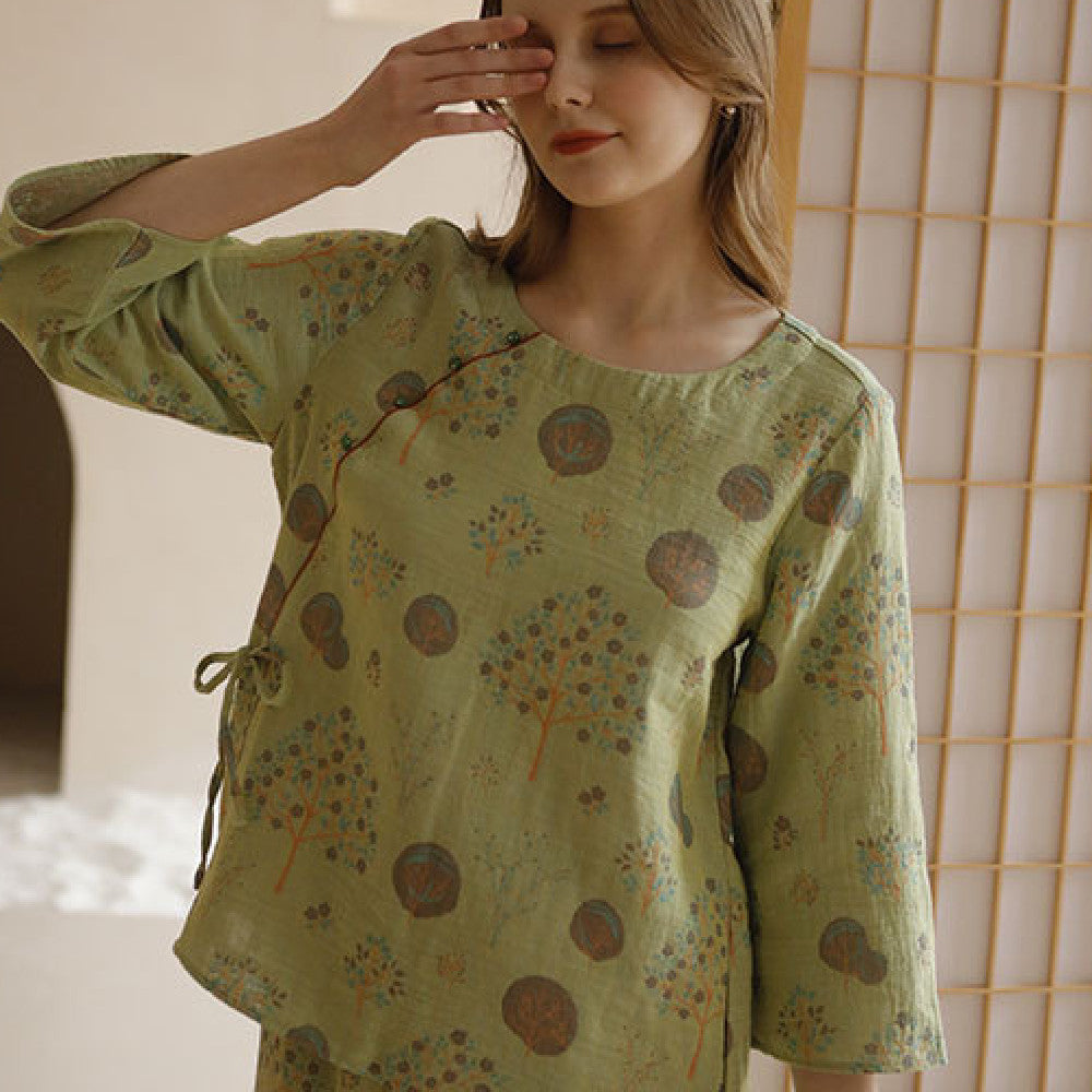 Leaf Print Cotton Pajama Set – Lightweight Long-Sleeve Sleepwear Suit