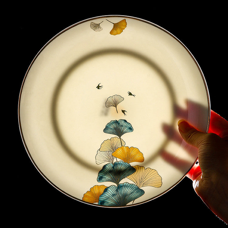 Nordic Porcelain Tableware – Round Flat Plate with Plant & Flower Design