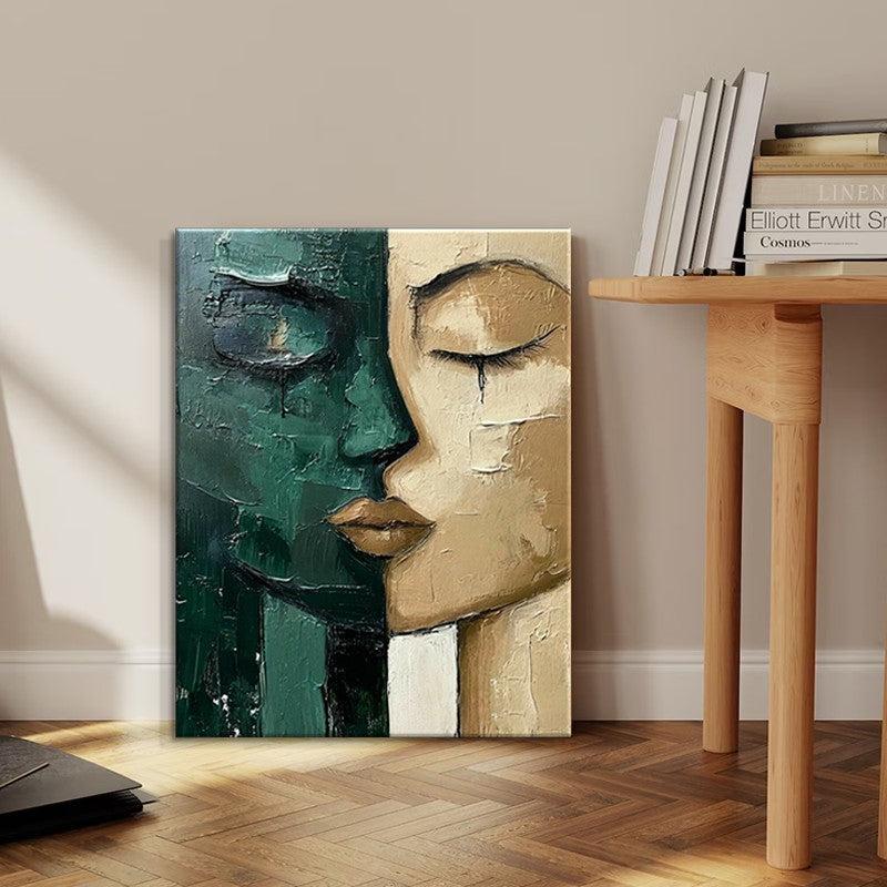 Hand-Painted Modern Oil Painting – Green & Beige Face Canvas Wall Art