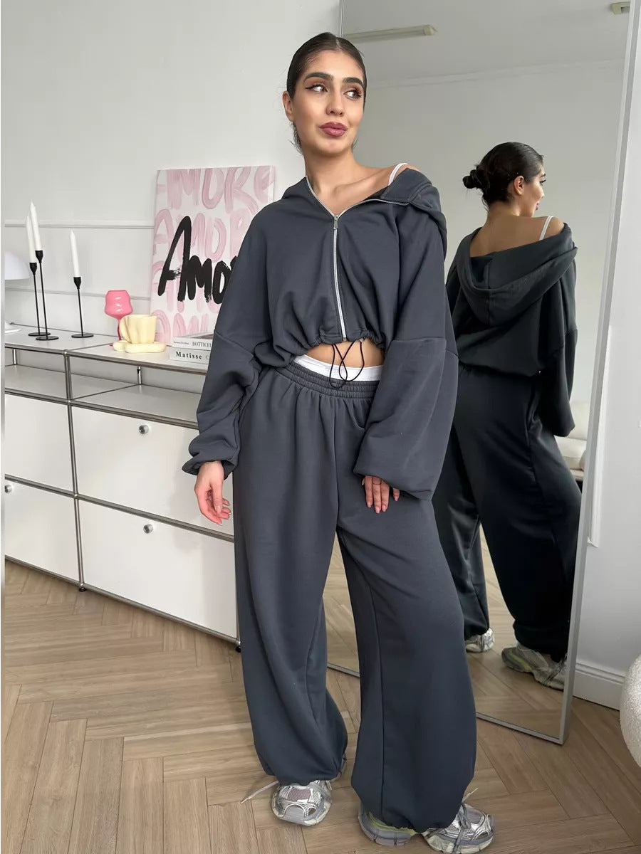 Women’s Solid Color Long Sleeve Zipper Sweatshirt & Sweatpants Set – Casual Two-Piece Loungewear Outfit