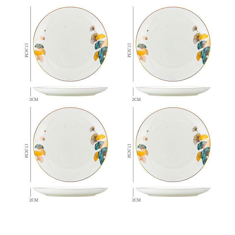 Nordic Porcelain Tableware – Round Flat Plate with Plant & Flower Design