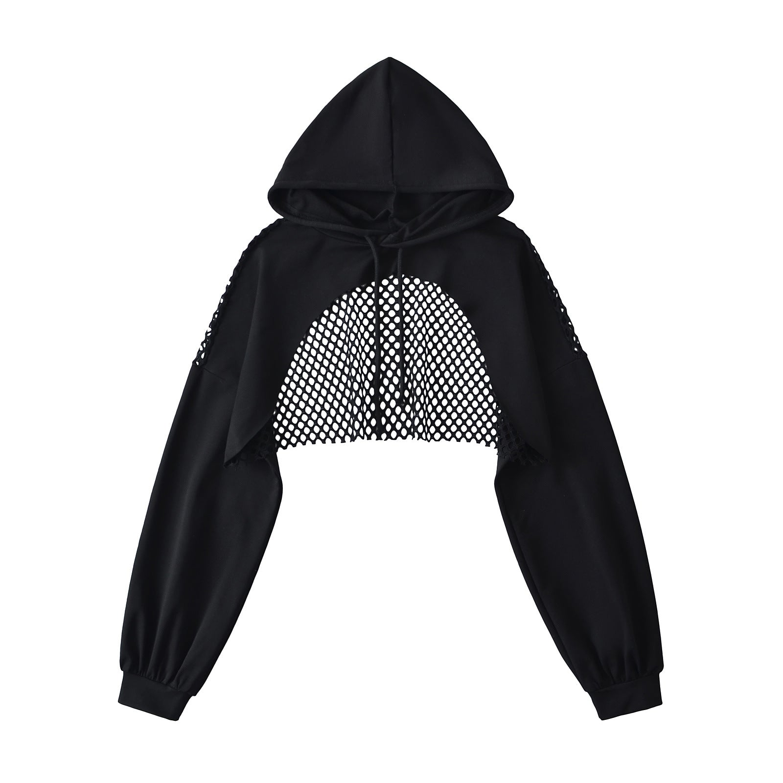 Black & White Hollow Drawstring Hooded Sweatshirt for Women – Casual Long Sleeve Pullover