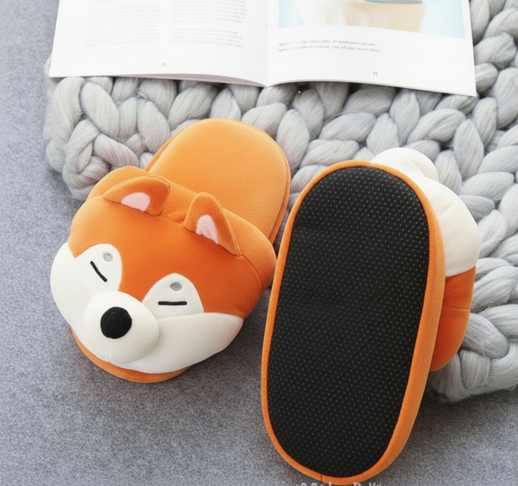 Winter Grey Fox Indoor Slippers – Cute Shiba Inu Plush Home Slippers for Ladies
