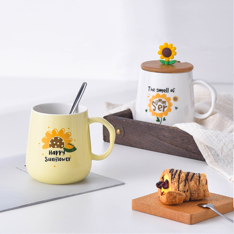Creative Sunflower Ceramic Mug with Lid & Spoon – Cute Coffee & Milk Cup