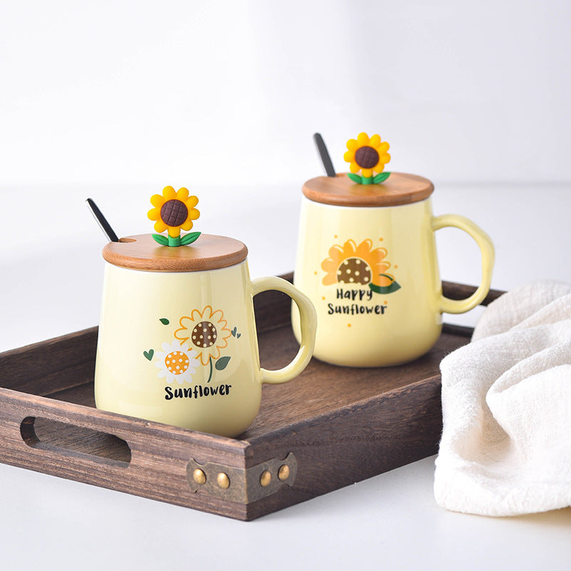 Creative Sunflower Ceramic Mug with Lid & Spoon – Cute Coffee & Milk Cup