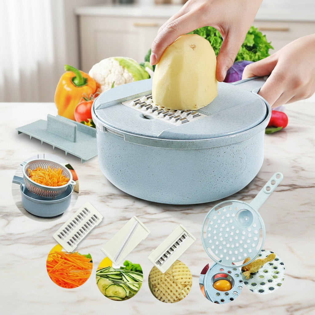 Mandoline Slicer 8-in-1 Vegetable Cutter – Potato Peeler, Carrot & Onion Grater with Strainer