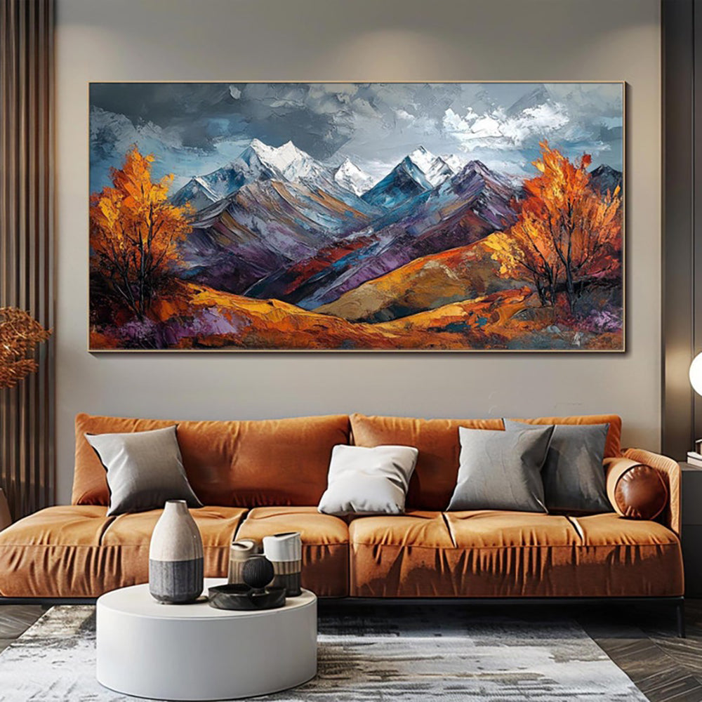 Handmade Snow Mountain Oil Painting on Canvas – Modern Autumn Landscape Wall Art