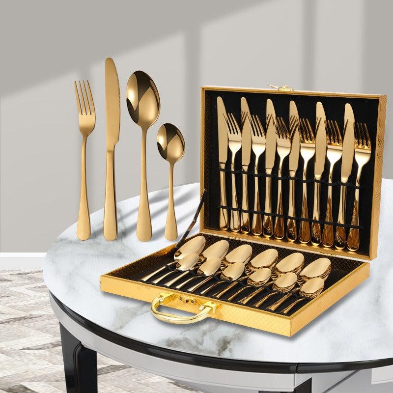 Luxury Golden 24-Piece Stainless Steel Cutlery Set – Elegant Solid Color Flatware for Modern Dining