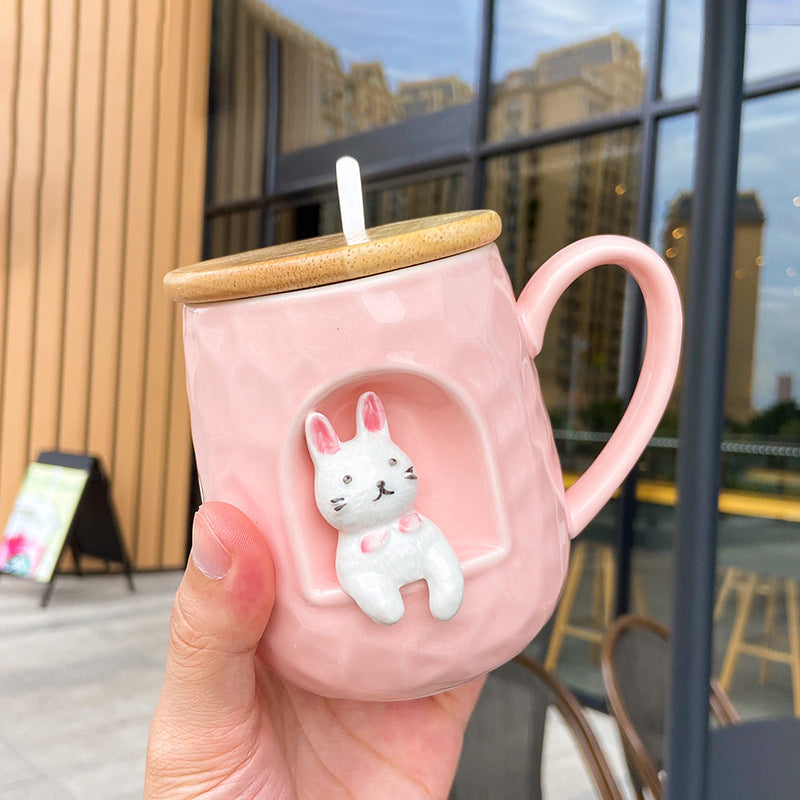 Cute Rabbit Mug with Lid & Spoon – 430ml Trendy Office Cup