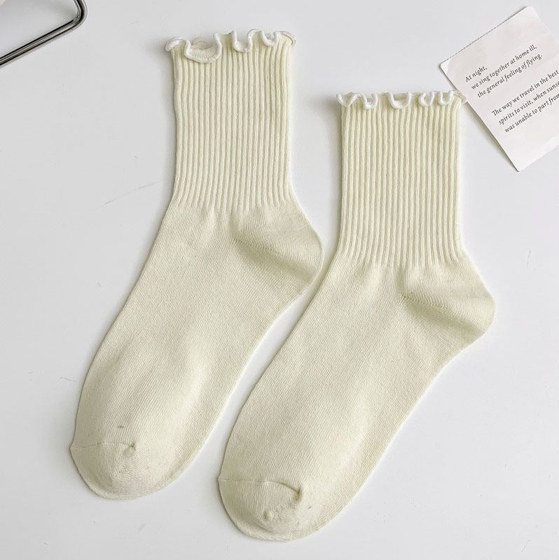 Ruffled JK Women’s Mid-Tube Lace Socks – Breathable Cotton, Antibacterial, Japanese-Style Pile Socks for Spring, Summer & Autumn