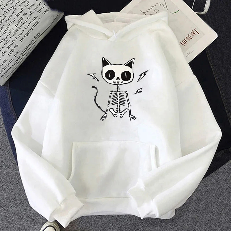 Cartoon Skull Cat Hoodie – Unisex Printed Sweatshirt | Streetwear Casual Long Sleeve Top
