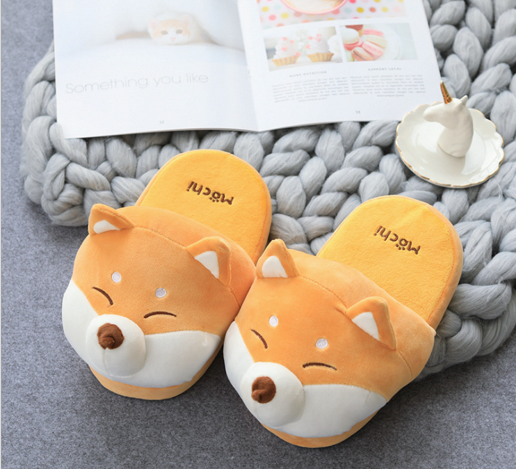 Winter Grey Fox Indoor Slippers – Cute Shiba Inu Plush Home Slippers for Ladies