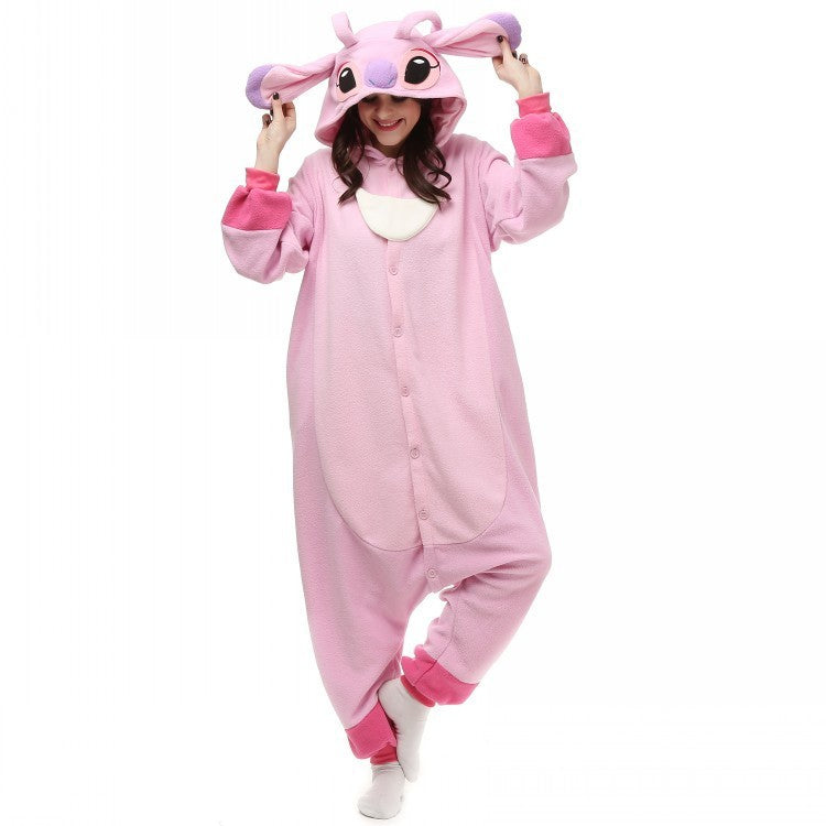 Blue & Pink Stitch Cartoon One-Piece Pyjama | Thick Polar Fleece Warm All-in-One Sleepwear