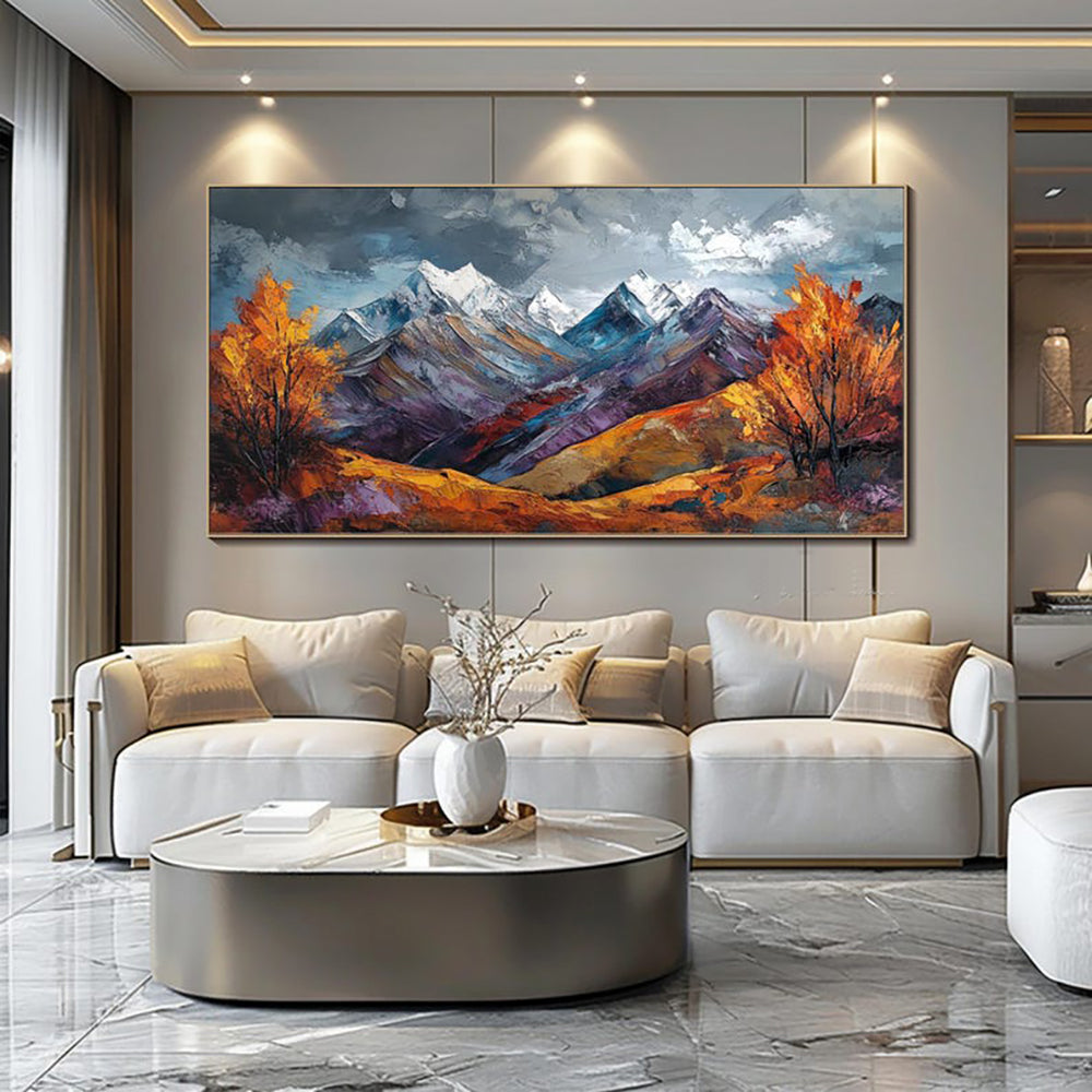 Handmade Snow Mountain Oil Painting on Canvas – Modern Autumn Landscape Wall Art