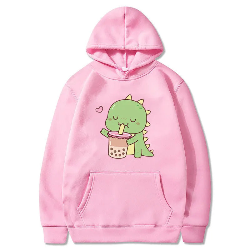 Moletom com capuz estampado com dinossauro de desenho animado fofo – Moletom casual unissexo de manga comprida