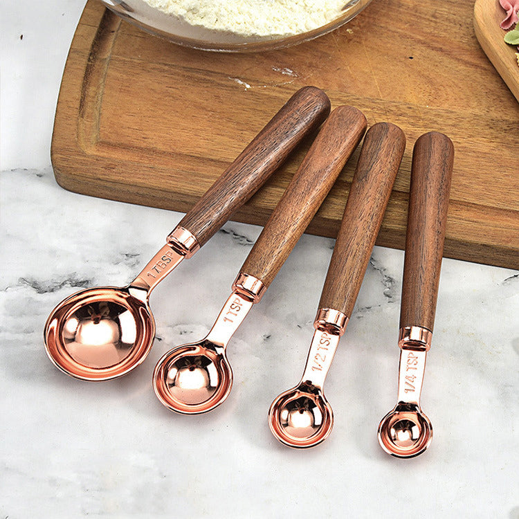 Premium Walnut Handle Copper-Plated Measuring Spoon & Cup Set – Modern Minimalist Baking Tools