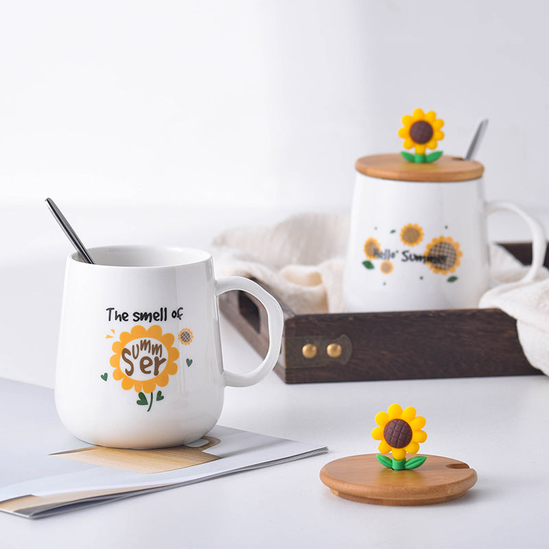 Creative Sunflower Ceramic Mug with Lid & Spoon – Cute Coffee & Milk Cup