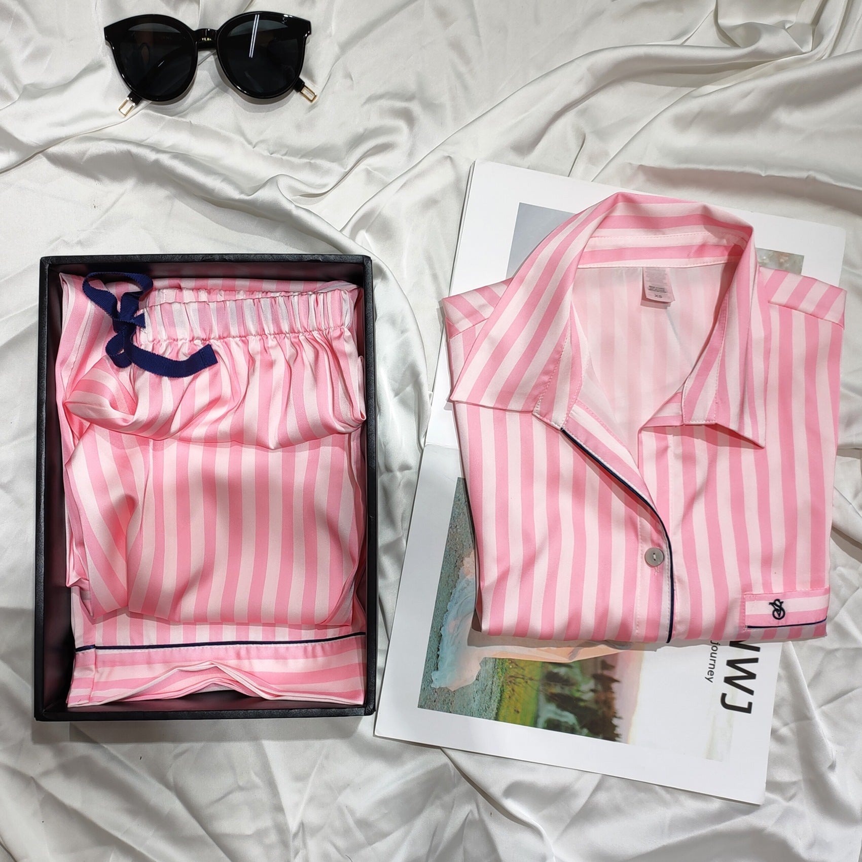 Women’s Red V-Neck Striped Pajama Set – Lightweight Satin Sleepwear Suit