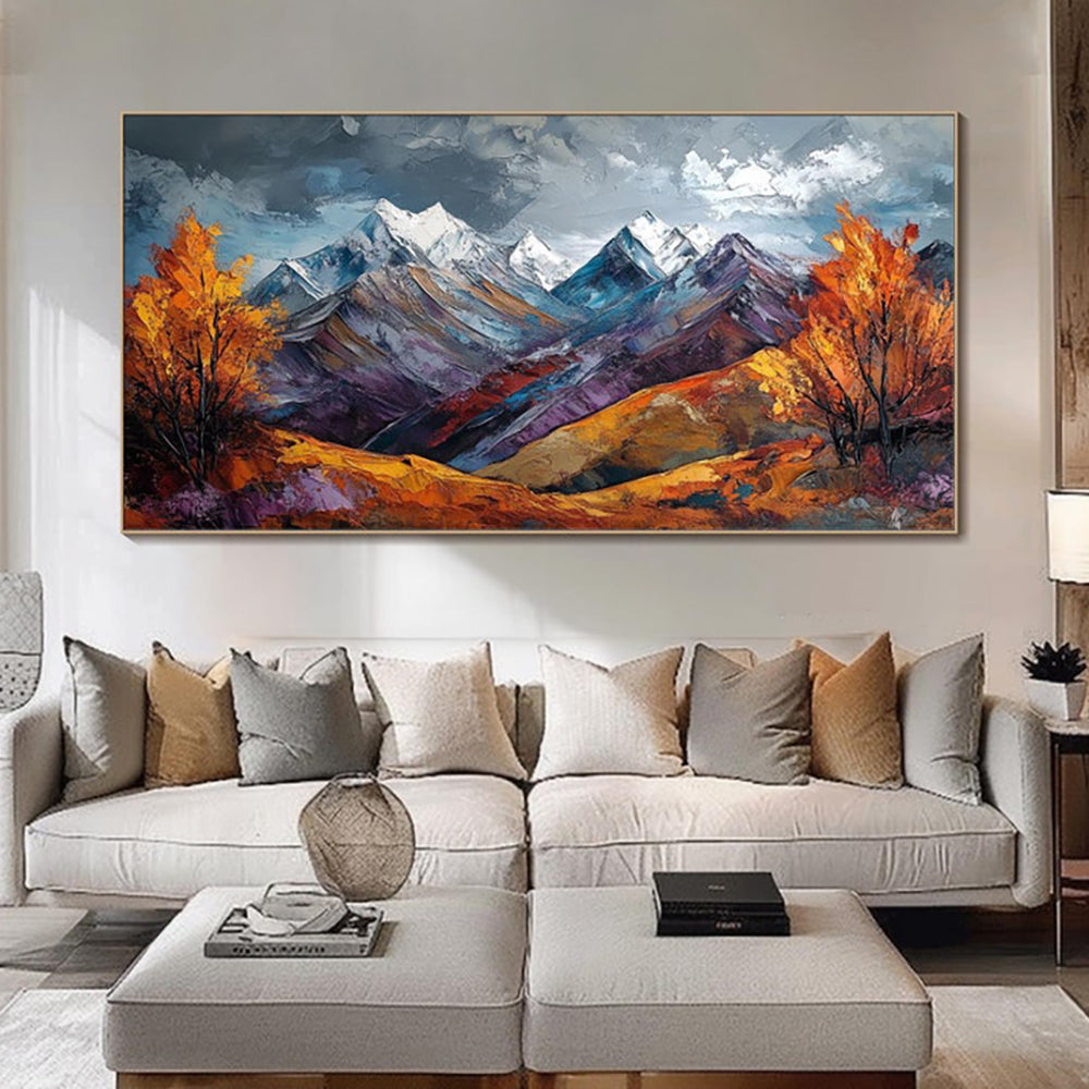 Handmade Snow Mountain Oil Painting on Canvas – Modern Autumn Landscape Wall Art