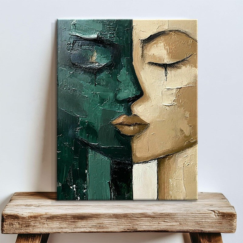 Hand-Painted Modern Oil Painting – Green & Beige Face Canvas Wall Art