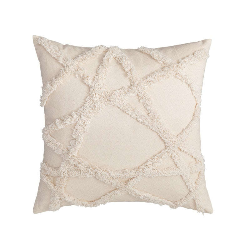 Boho Tassels Cushion Cover – Beige & White Cotton Linen Macrame Pillowcase