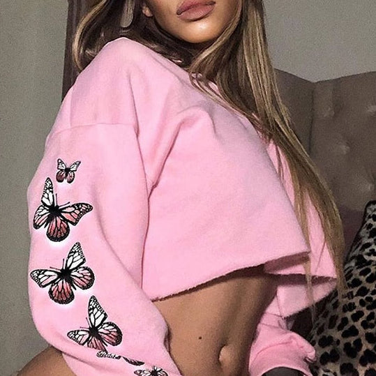 Long Sleeve Printed Crop Sweatshirt – Trendy Loose Hedging Top