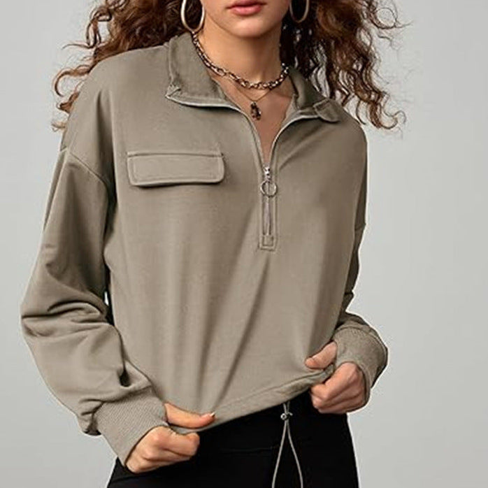 سويت شيرت نسائي بأكمام طويلة وياقة نصف مفتوحة - ناعم وأنيق ومريح للاستخدام اليومي