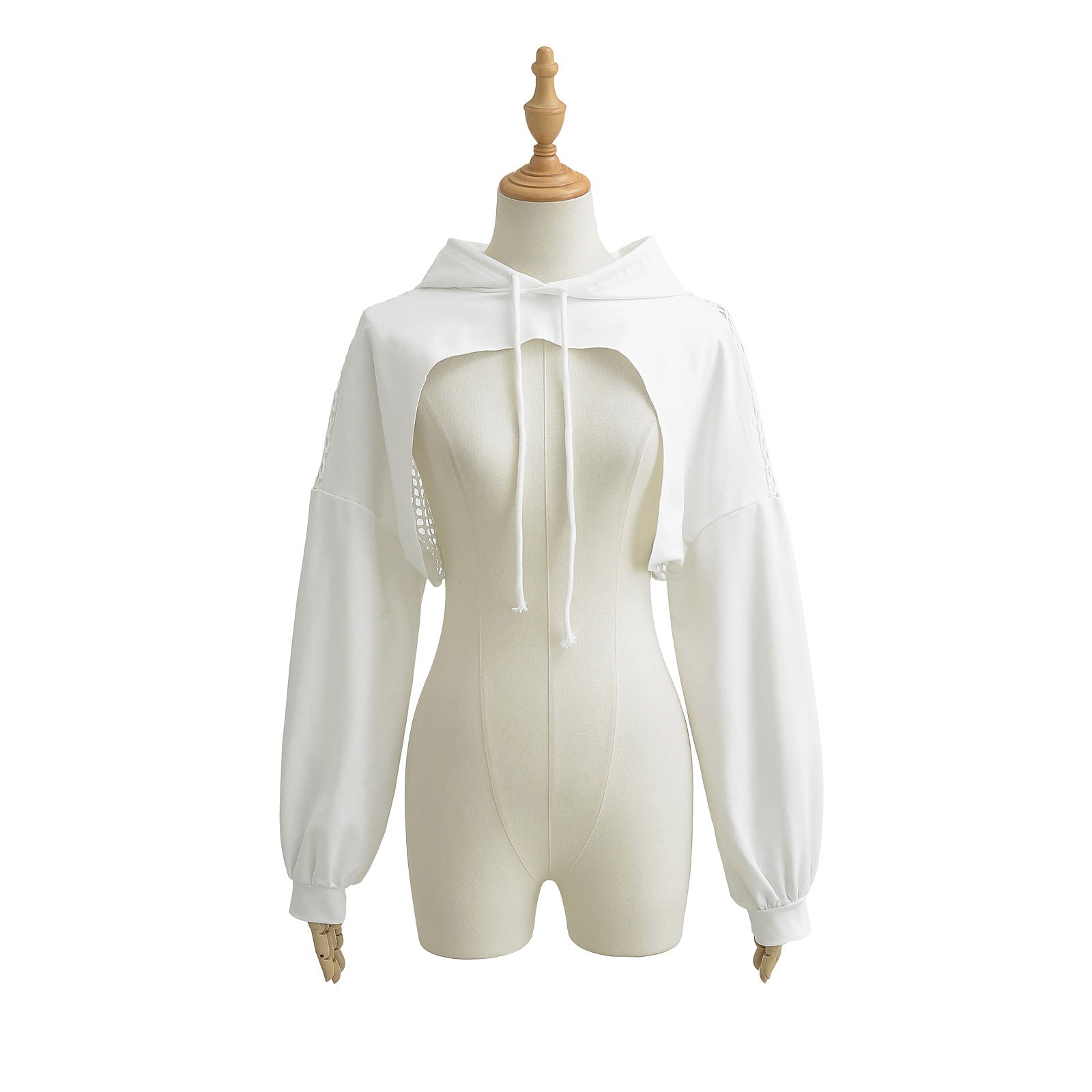 Black & White Hollow Drawstring Hooded Sweatshirt for Women – Casual Long Sleeve Pullover