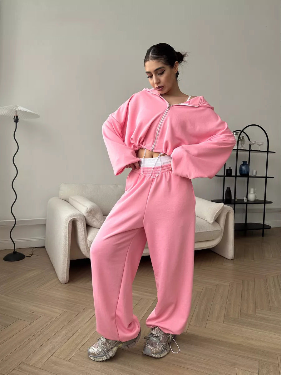 Women’s Solid Color Long Sleeve Zipper Sweatshirt & Sweatpants Set – Casual Two-Piece Loungewear Outfit