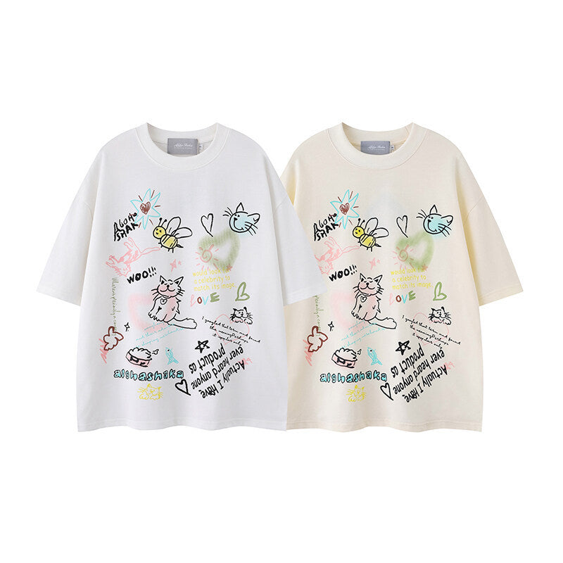 Japanese Retro Casual T-Shirts for Women | Loose Fit Short Sleeve Cotton Blend