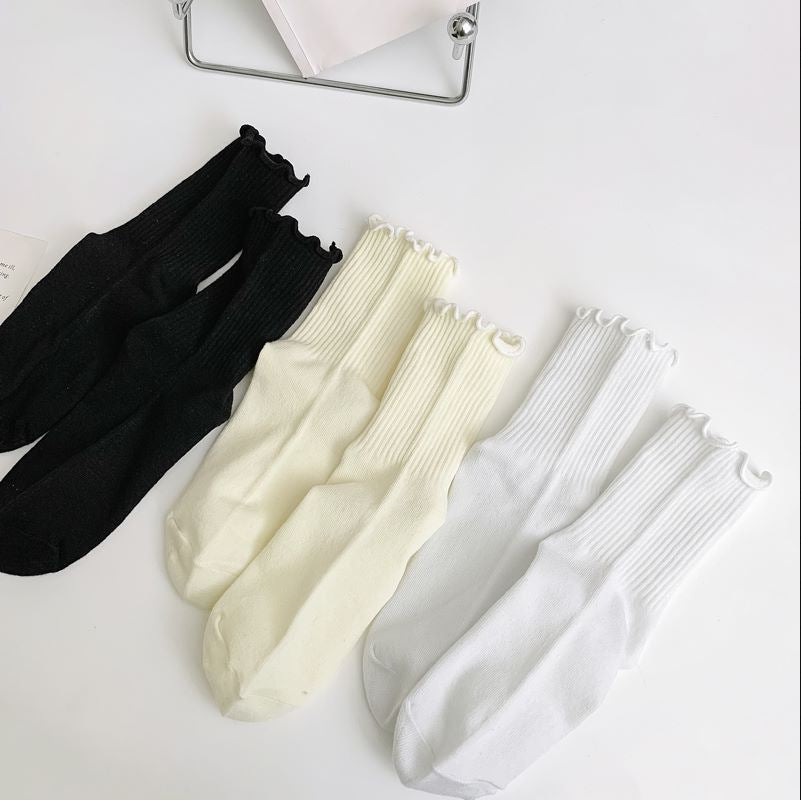 Ruffled JK Women’s Mid-Tube Lace Socks – Breathable Cotton, Antibacterial, Japanese-Style Pile Socks for Spring, Summer & Autumn