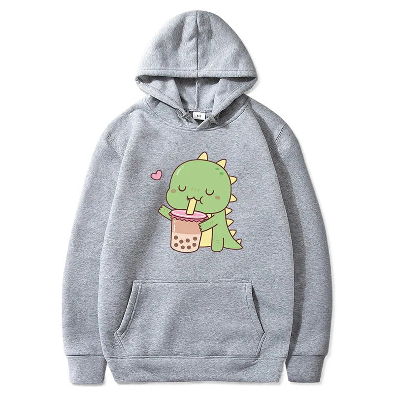 Moletom com capuz estampado com dinossauro de desenho animado fofo – Moletom casual unissexo de manga comprida