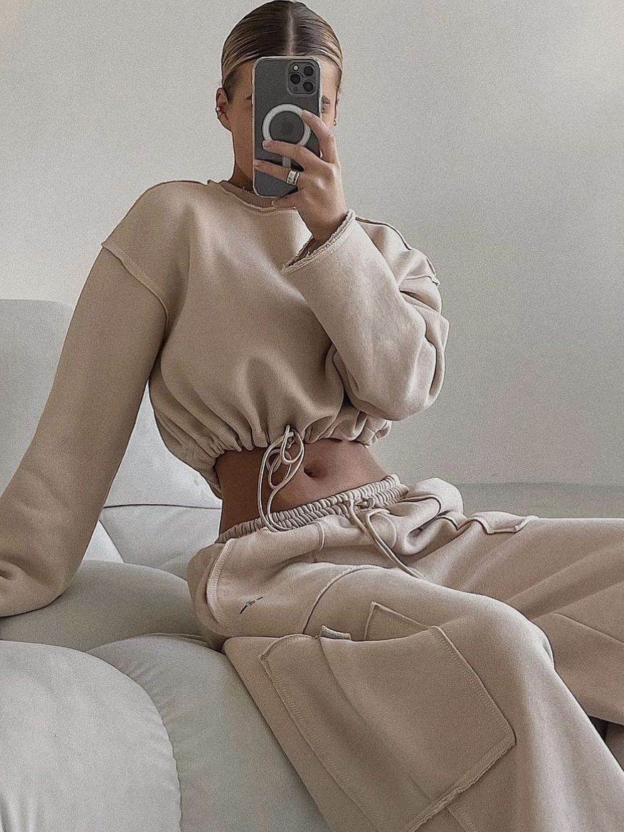 Women's Cotton Sweater & Pants Set – Long Sleeve Casual Loungewear | Khaki & Gray