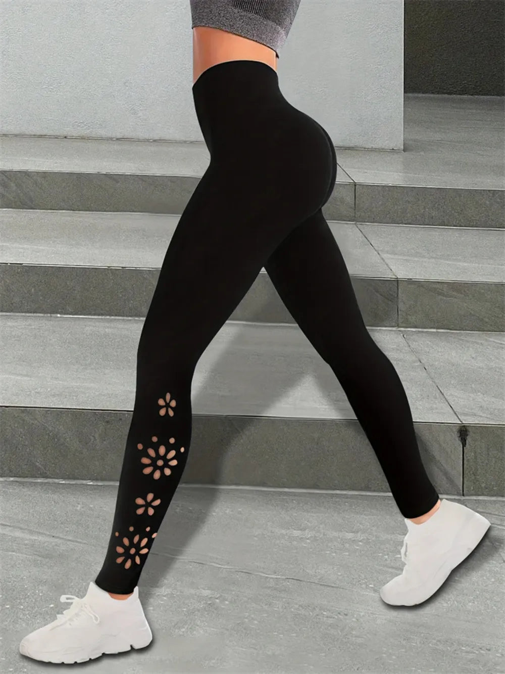 Cutout High Rise Leggings – Distressed, Opaque, Stretchy Polyester-Spandex Activewear