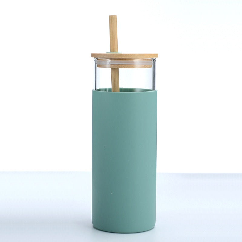 Bamboo Covered Glass Cup with Silicone Sleeve & Straw – Eco-Friendly, Leak-Proof, High-Temperature Resistant