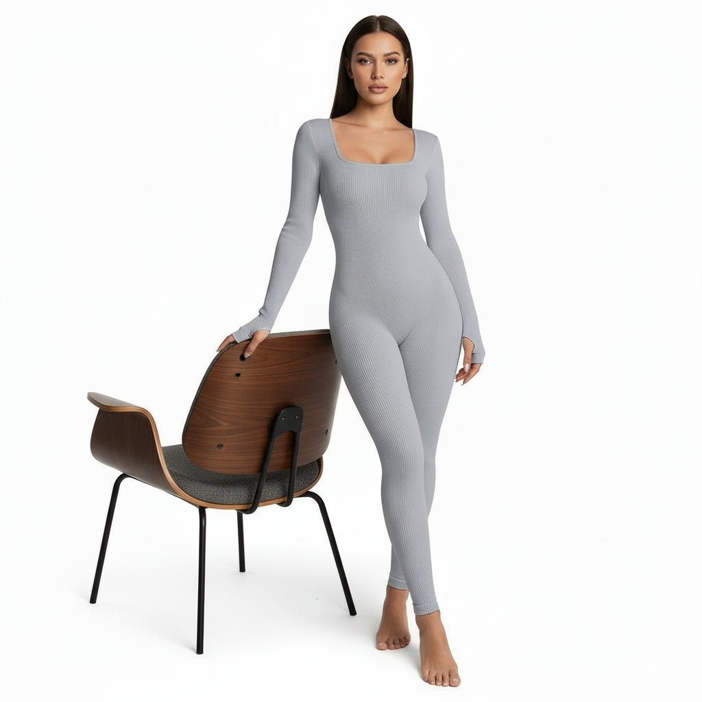 Women’s Yoga Jumpsuit – Ribbed Long Sleeve Sports & Exercise Outfit